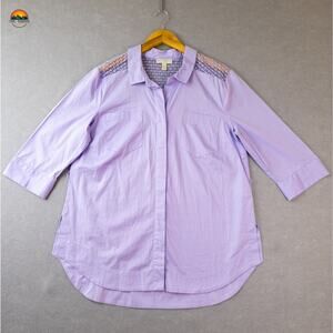 Dana Buchman Button-Down Tunic Top Purple Cotton Blend 3/4 Sleeve Women's XL